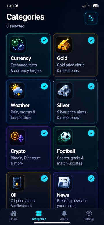 Notifuse categories screen with selected topics