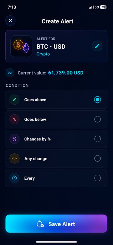 Notifuse create alert screen for crypto
